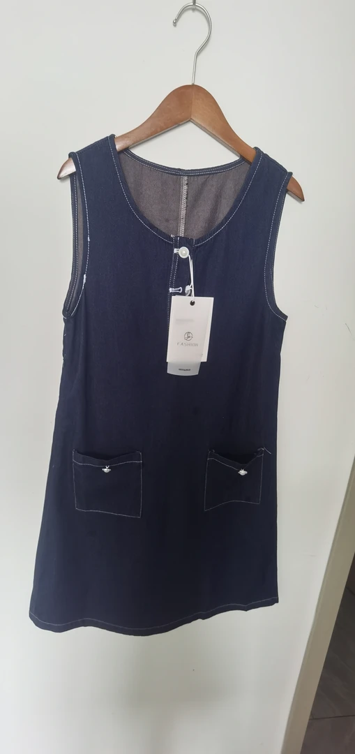 背带款牛仔裙无袖夏季通勤连衣裙时尚深蓝圆领潮流百搭针织