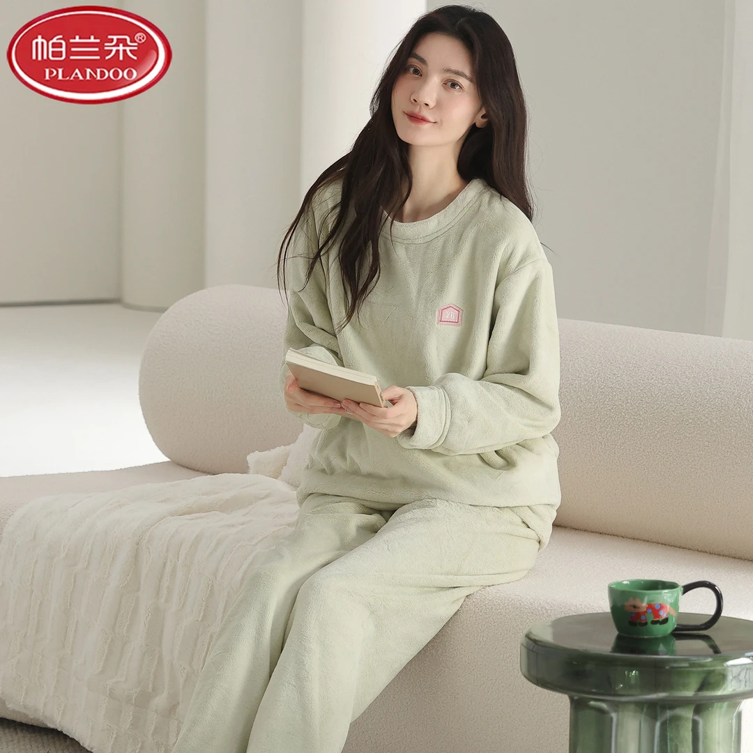帕兰朵珊瑚绒秋冬季法兰绒女士睡衣柔软保暖长袖长裤休闲舒适居家