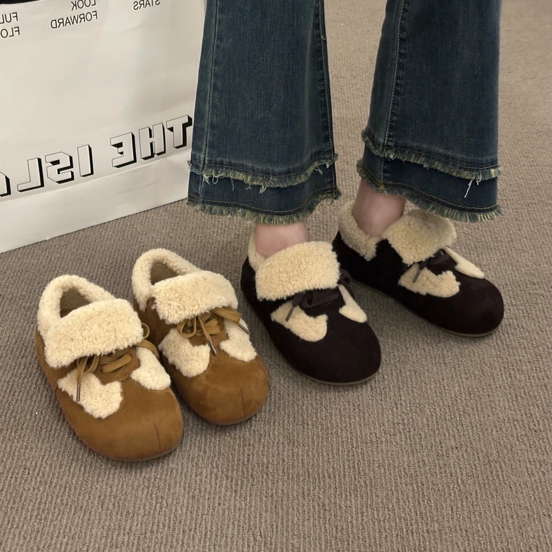 百搭舒适休闲风棉鞋女翻毛加绒加厚德训鞋2025年秋冬新款纯色单鞋