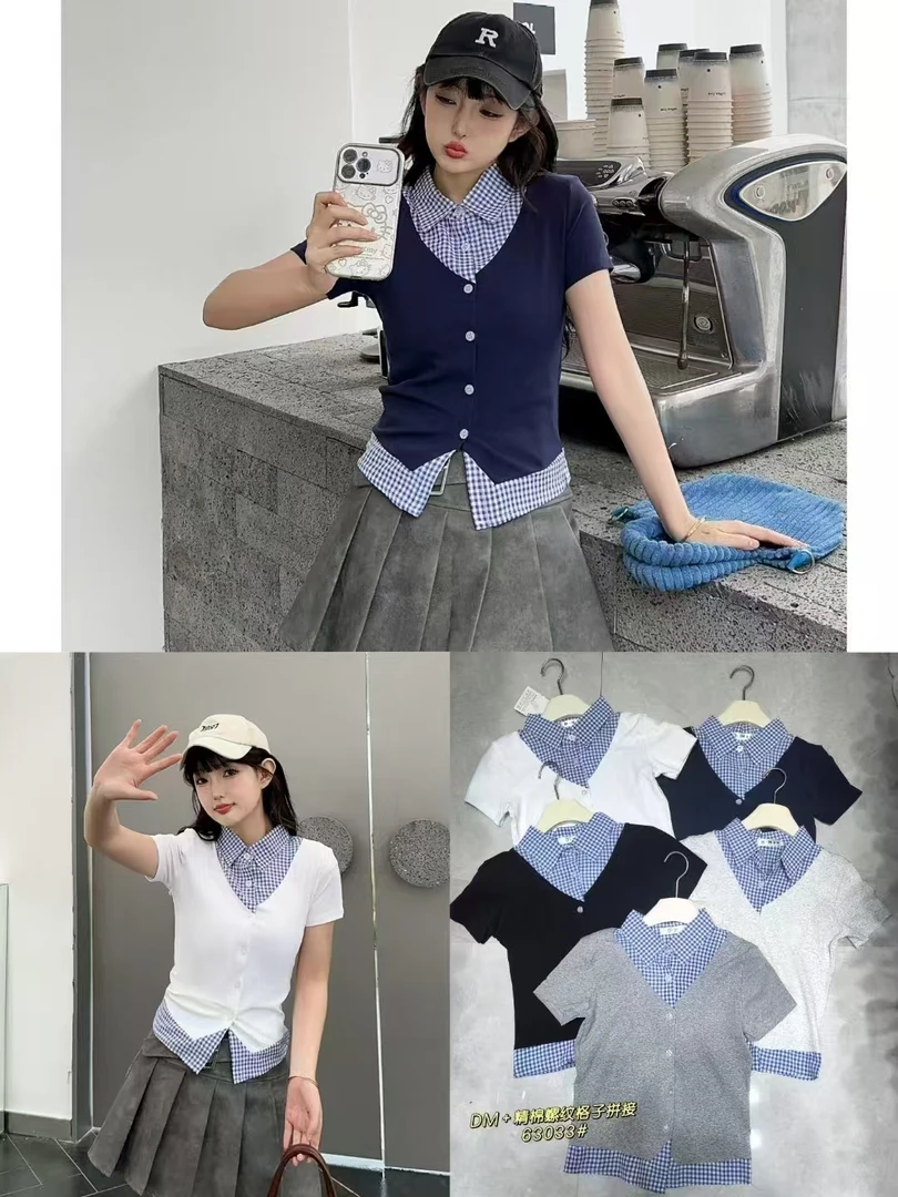 短袖时尚T恤翻领美式工装风韩版拼接POLO领宽松型