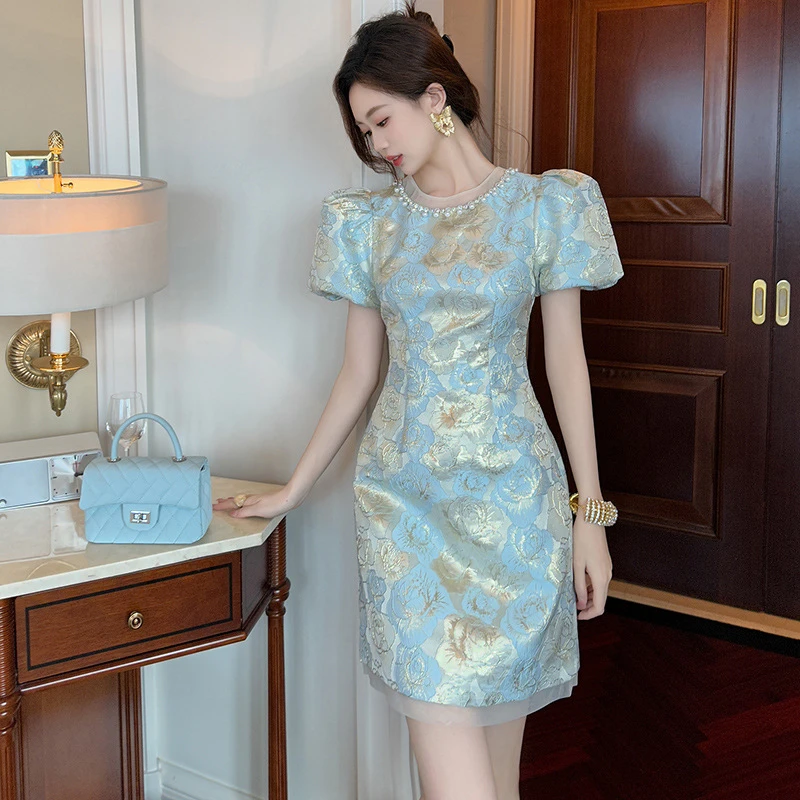 新款女装法式气质镶钻圆领印花浅蓝色短袖连衣裙30876