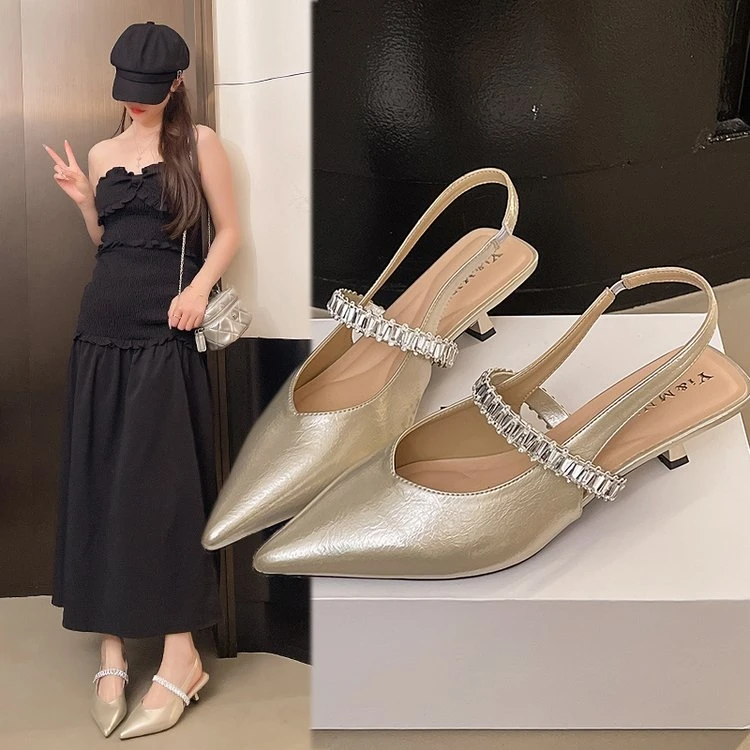 【1988-6】新款法式仙女风气质一字带后空尖头细跟高跟鞋凉鞋