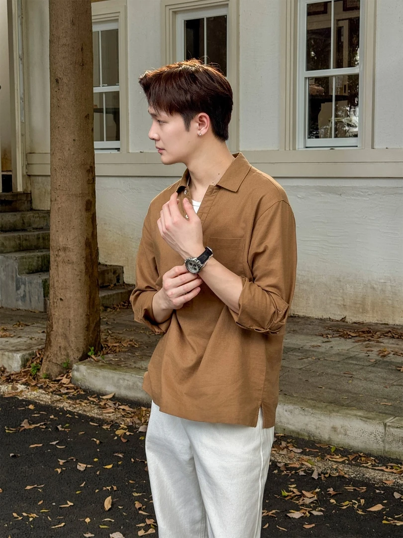 『亚麻亲肤 早秋上新  』2025秋款亚麻混纺棉设计款长袖时尚简约男