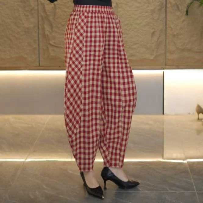 2025格子新时尚女款高腰南瓜裤轻松显瘦哈伦百搭休闲灯笼裤