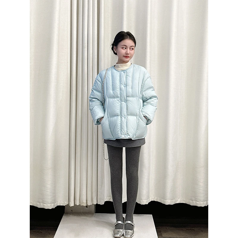 【海盐布蕾】小娜椒小个子轻氧冰川蓝圆领短款休闲保暖羽绒服外套女