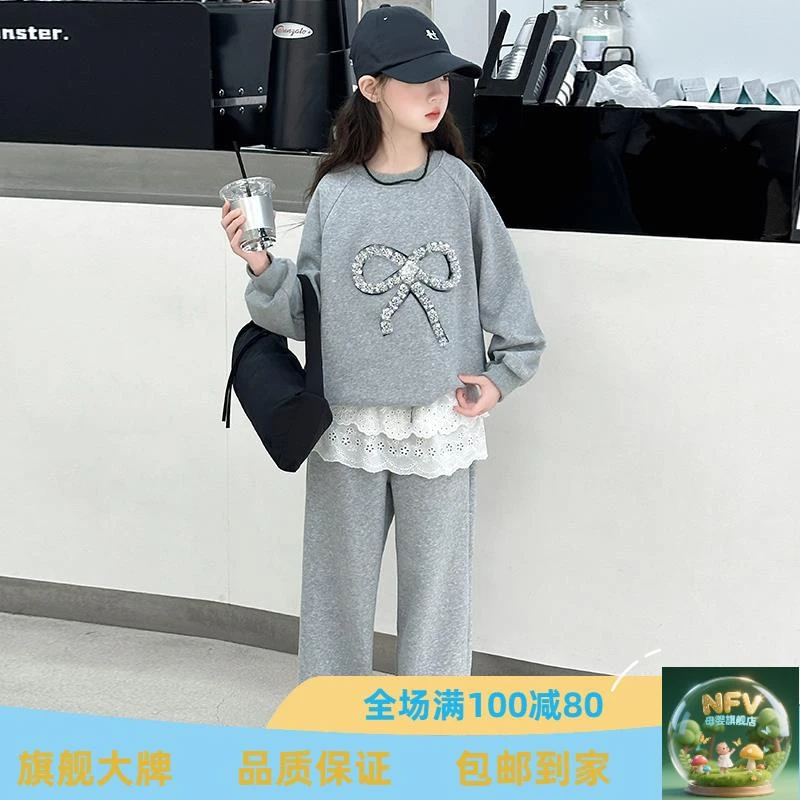 法国NFV女童春季套装2025新款洋气时髦儿童装春装卫衣花边运动卫