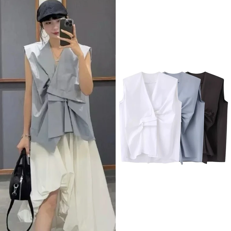 新款V领无袖宽松不规则褶皱衬衫简约百搭上衣【8211】