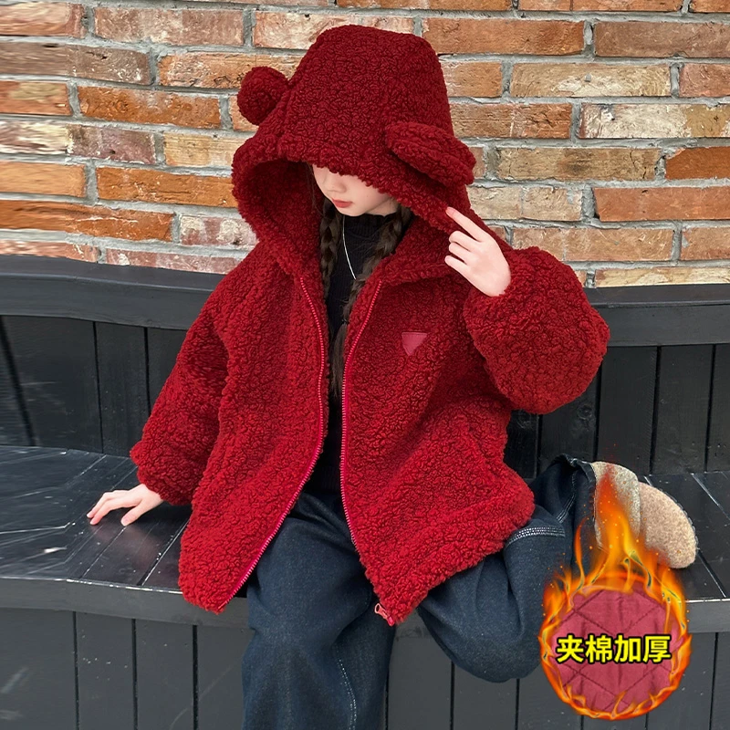 女童外套秋冬款2025新款儿童装冬款加厚拜年服羊羔绒红色新年衣服