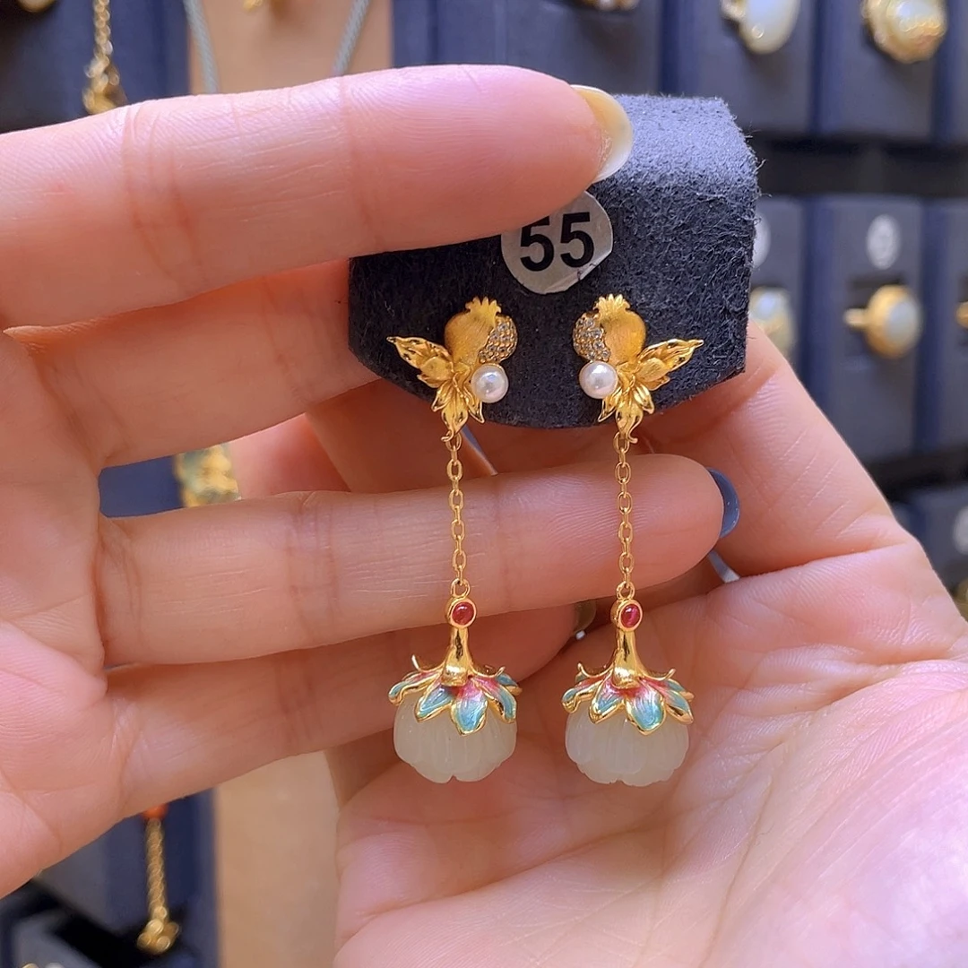 和田玉银S925镀金镶嵌耳饰