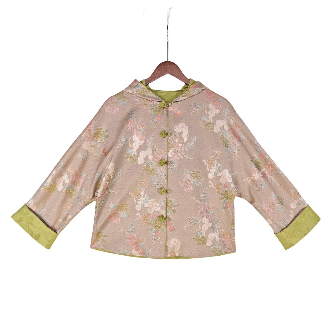 【嘉禾】桑蚕丝中国风带帽外套复古休闲直襟新中式长袖上衣 24054