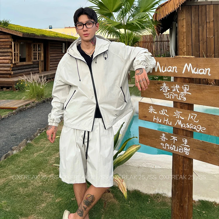 OXFREAK「防水拉链 轻薄感」户外冲锋防晒衣男连帽宽松飞行员外套