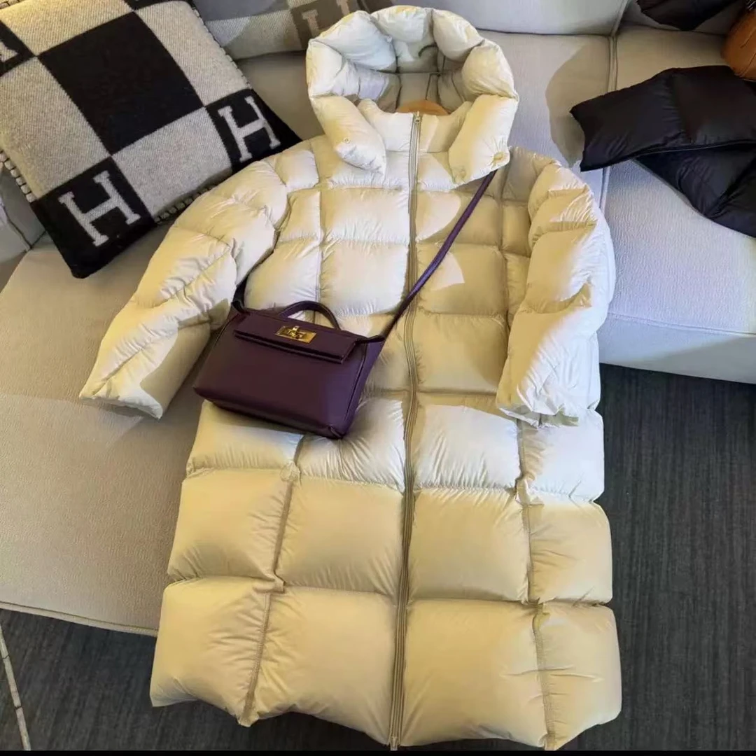 大泡芙长款白鸭绒羽绒服2025新款加厚保暖极寒连帽面包服清仓