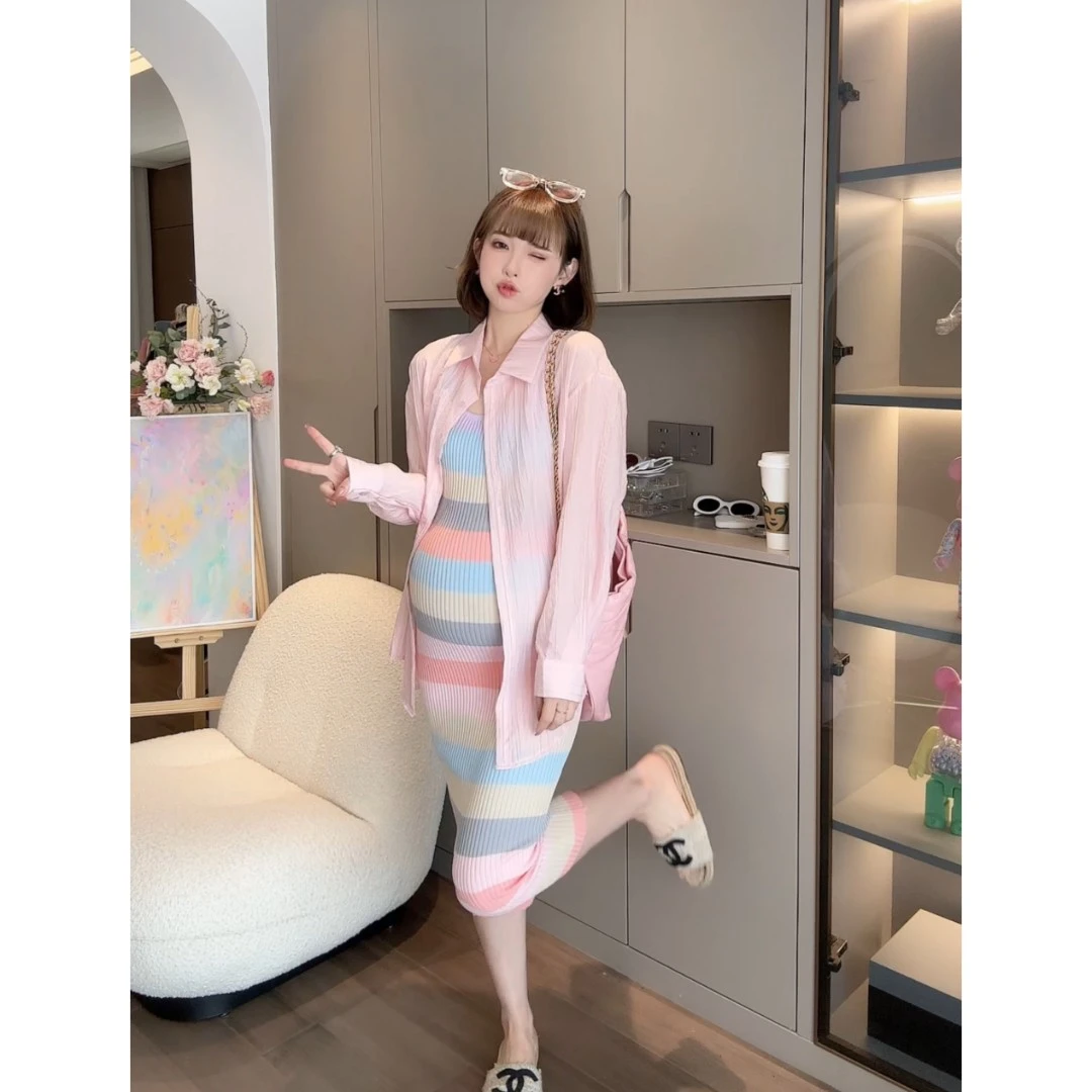 清仓【北海粉荔】孕妇装春秋款春装开衫/条纹长短款吊带裙