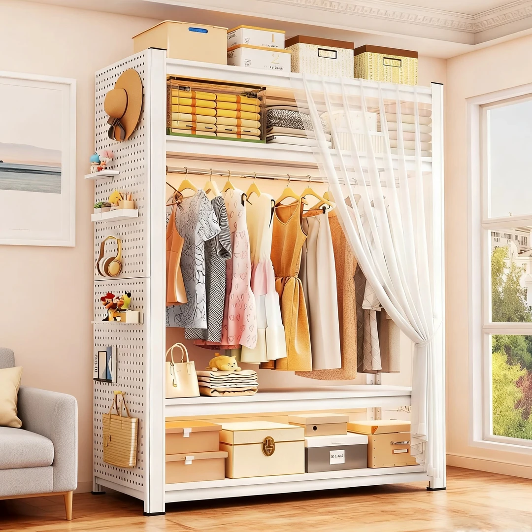 简易组装开放式货架衣柜家用卧室衣帽架钢制落地防尘大容量挂衣架