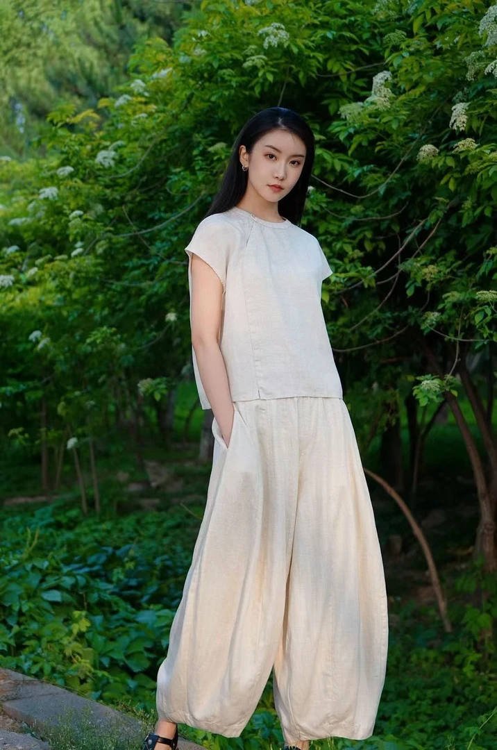 中国风夏季天丝亚麻飞袖气质新中式时尚女士休闲套装
