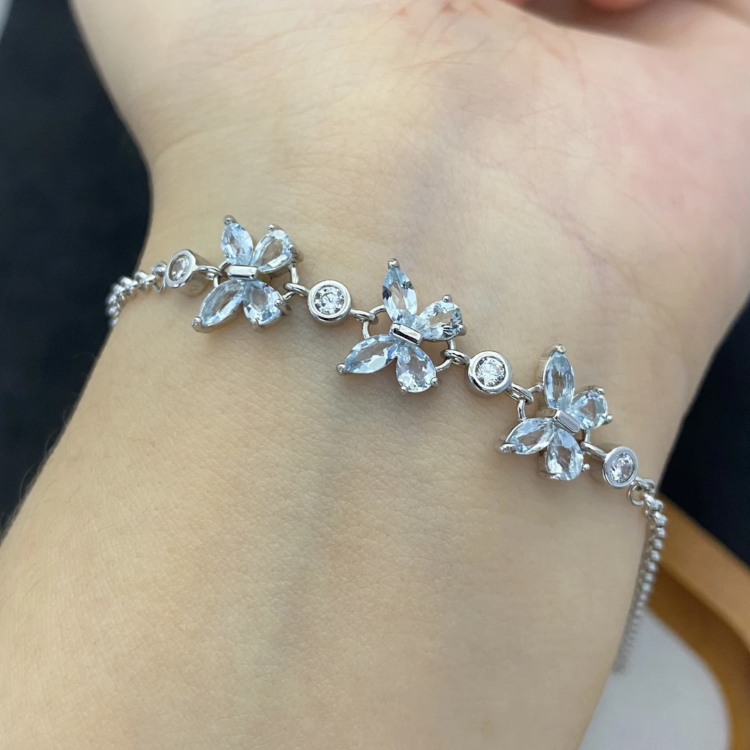 蝴蝶 天然海蓝宝石手链s925银 轻奢精致满钻气质甜美时尚百搭YM