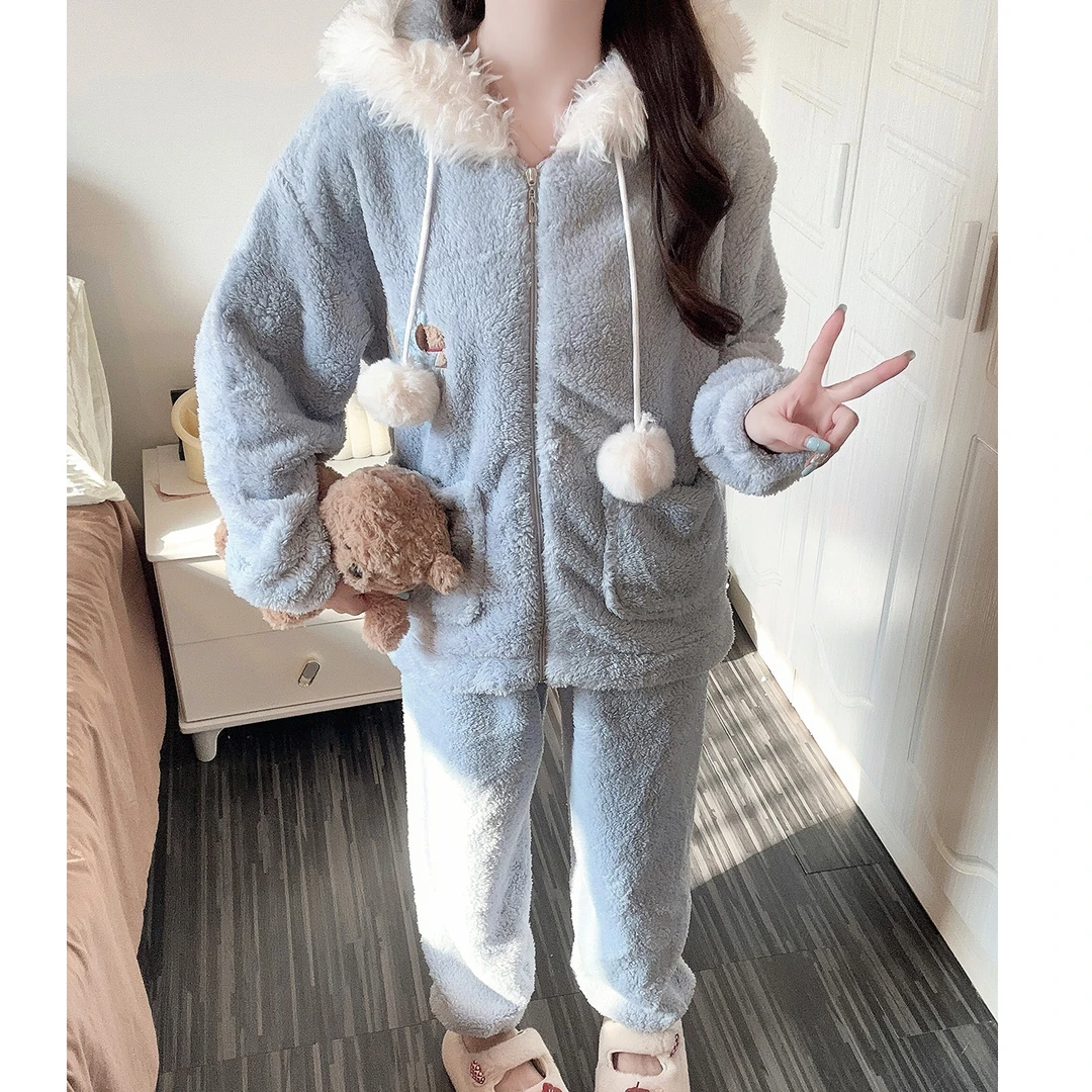 冬季加厚睡衣女连帽卡通腊肠狗新款可外穿长毛绒珊瑚绒家居服套装