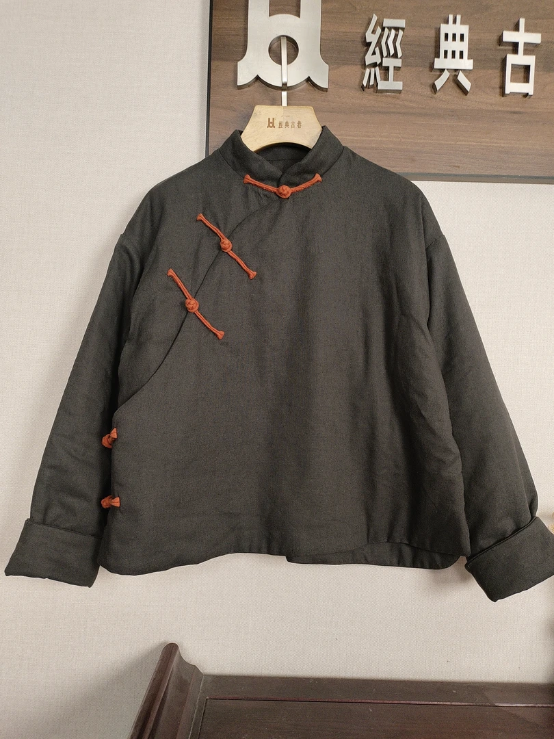 新中式亚麻保暖透气宽松常规款盘扣外套棉衣斜襟棉服加厚立领女
