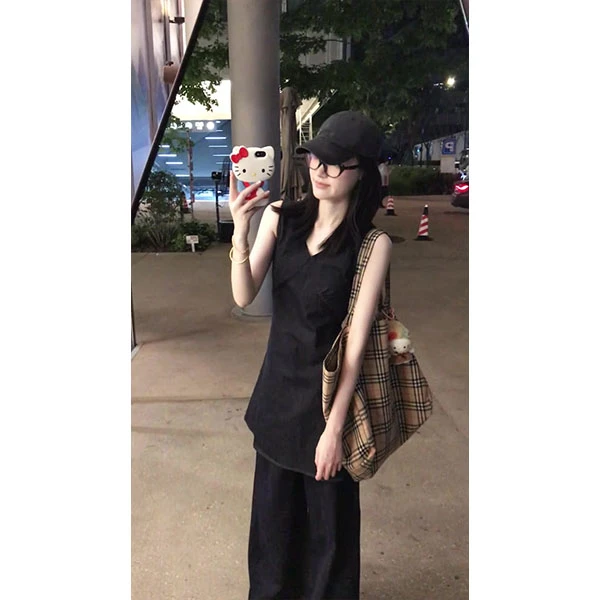 韩系高级感圆领无袖连衣裙女夏季气质显瘦黑色A字短裙子长裤套装