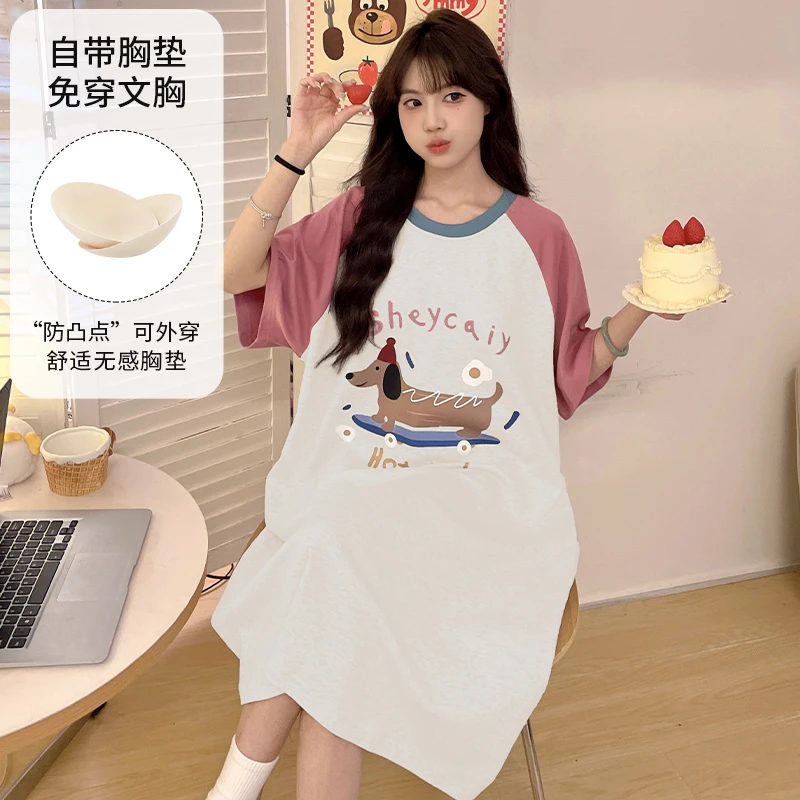 带胸垫睡裙夏季女士短袖可爱卡通网红睡衣女夏天宽松家居服中长裙
