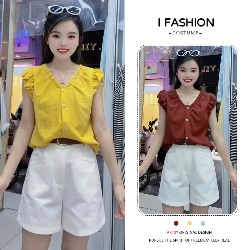 高级感v领小飞袖衬衫女2025年夏季新款韩版百搭显瘦娃娃衫上衣潮