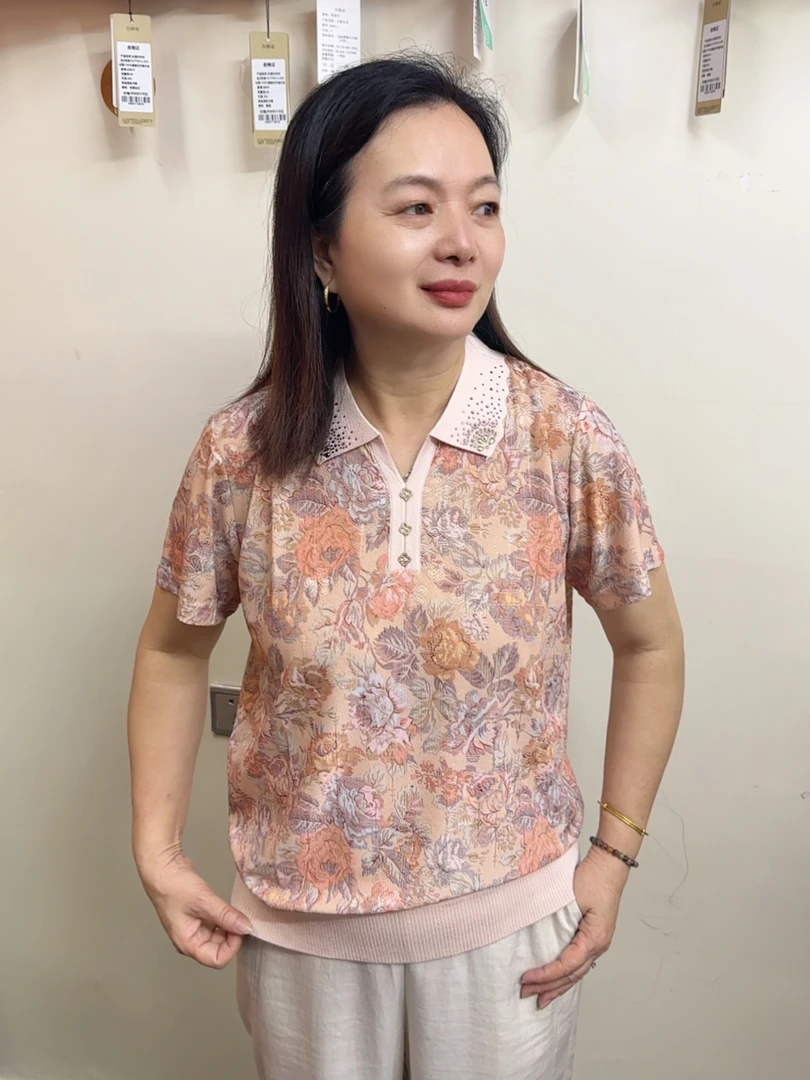 夏季新款洋气中老年妈妈冰丝翻领短袖印花提花上衣小衫