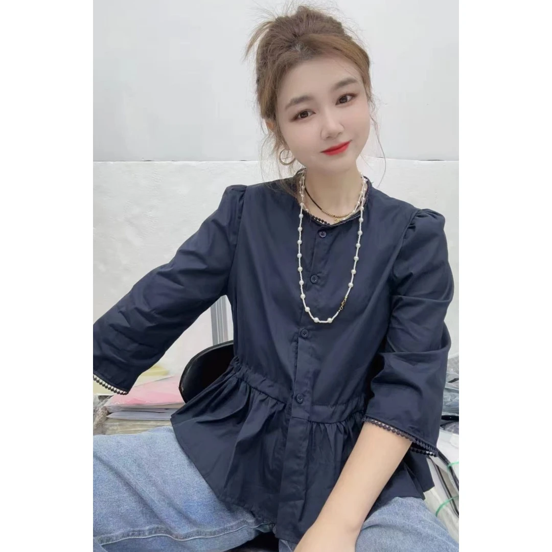 七分袖抽褶四季通用衬衫纽扣设计感圆领气质收腰显瘦百搭小众衬衣