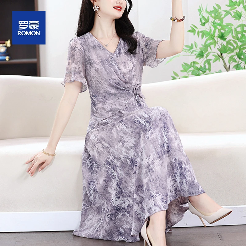 2025新款中老年夏装贵夫人品牌中老年夏季洋气端庄短袖雪纺连衣裙