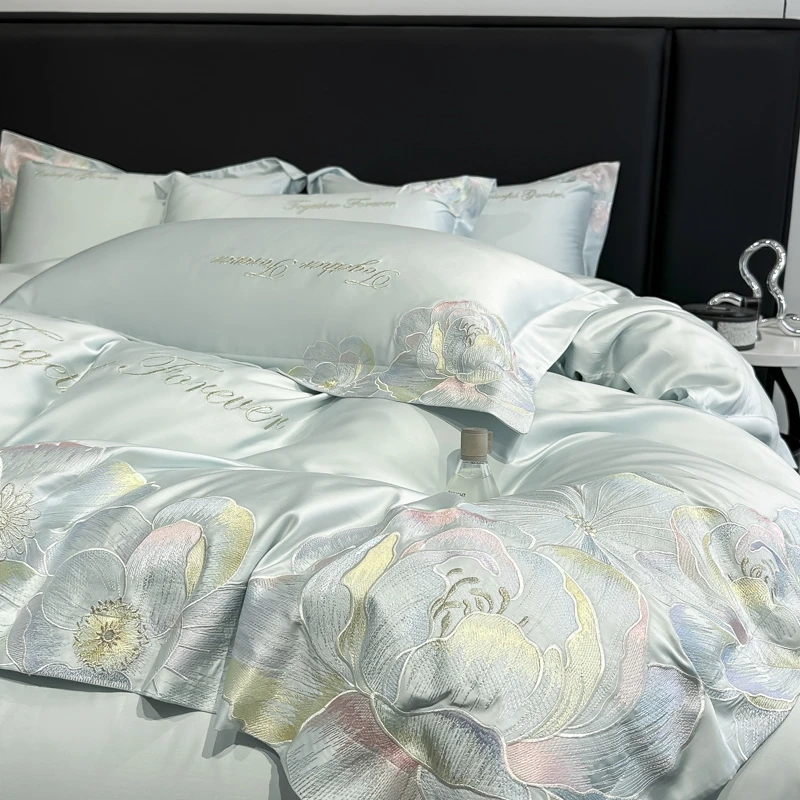 富安娜床品高档全棉长绒棉刺绣四件套轻奢简约绣花四件套床品