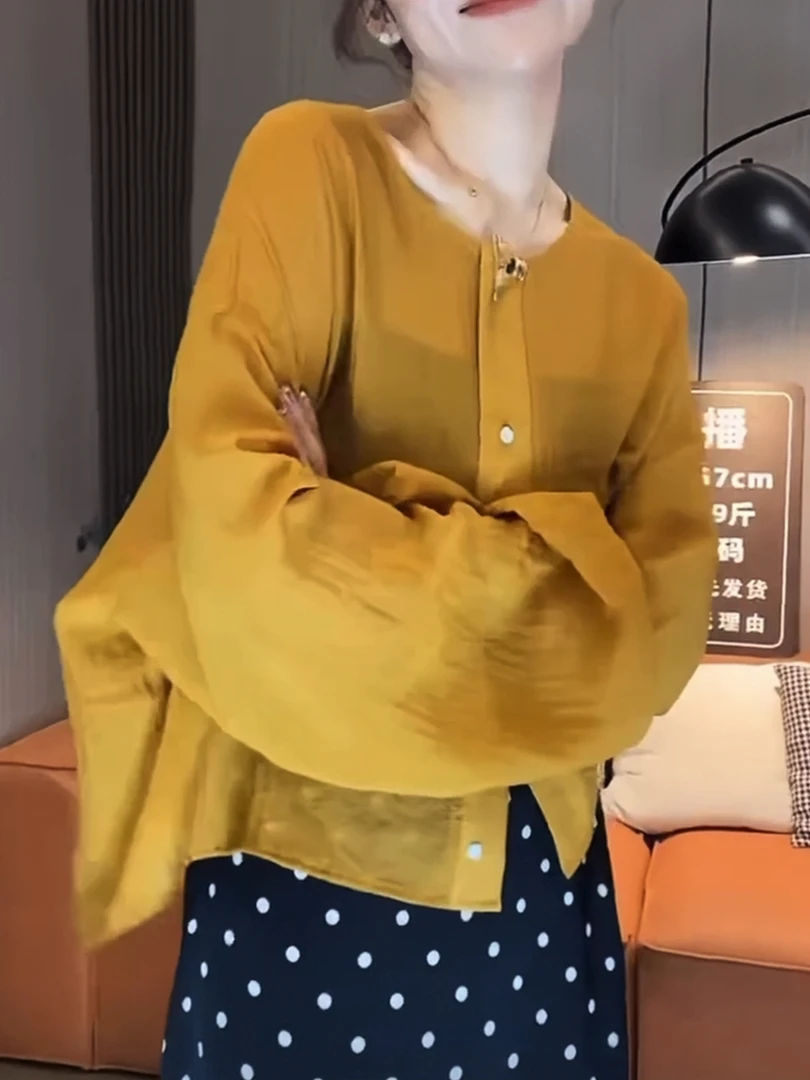 时尚新款橘色防晒衬衫女2025夏季新款宽松韩版休闲薄款长袖衬衣