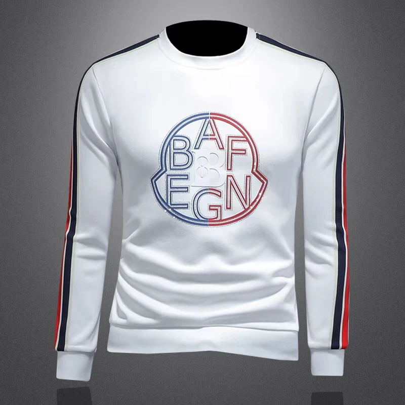 烫钻印花长袖卫衣男士2025秋季新款欧洲站条纹休闲圆领套头打底衫