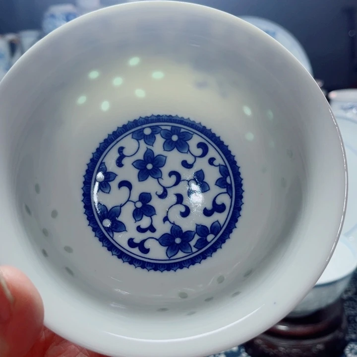 青花玲珑5寸饭碗紫荆花无花