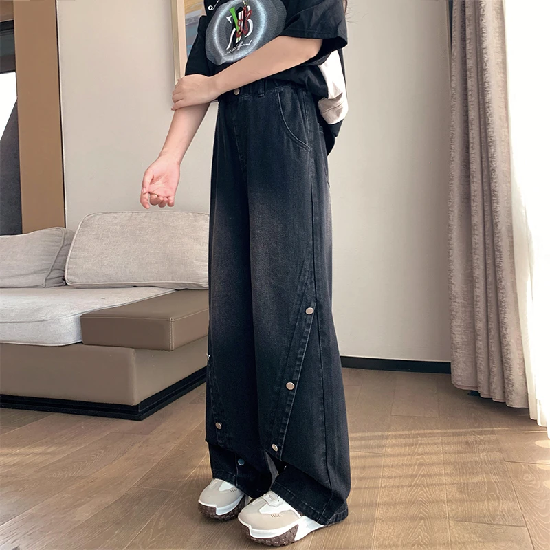 胖mm大码松紧腰牛仔裤黑色春秋款高腰直筒宽松高个子女生拖地裤子