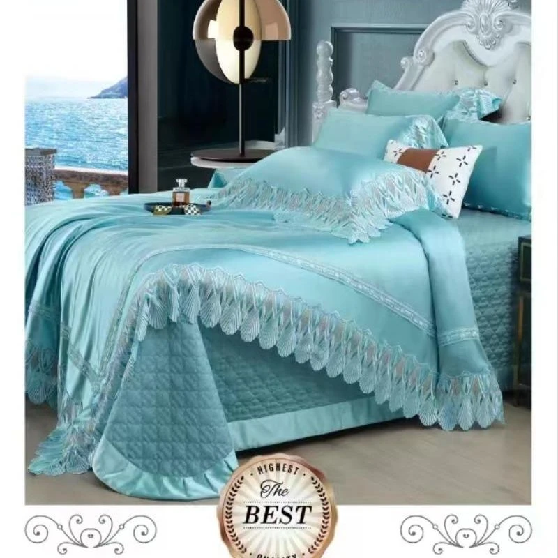 【黄金定制版】高奢真丝棉蕾丝定制款纯棉四件套-皇家豪庭/浅蓝