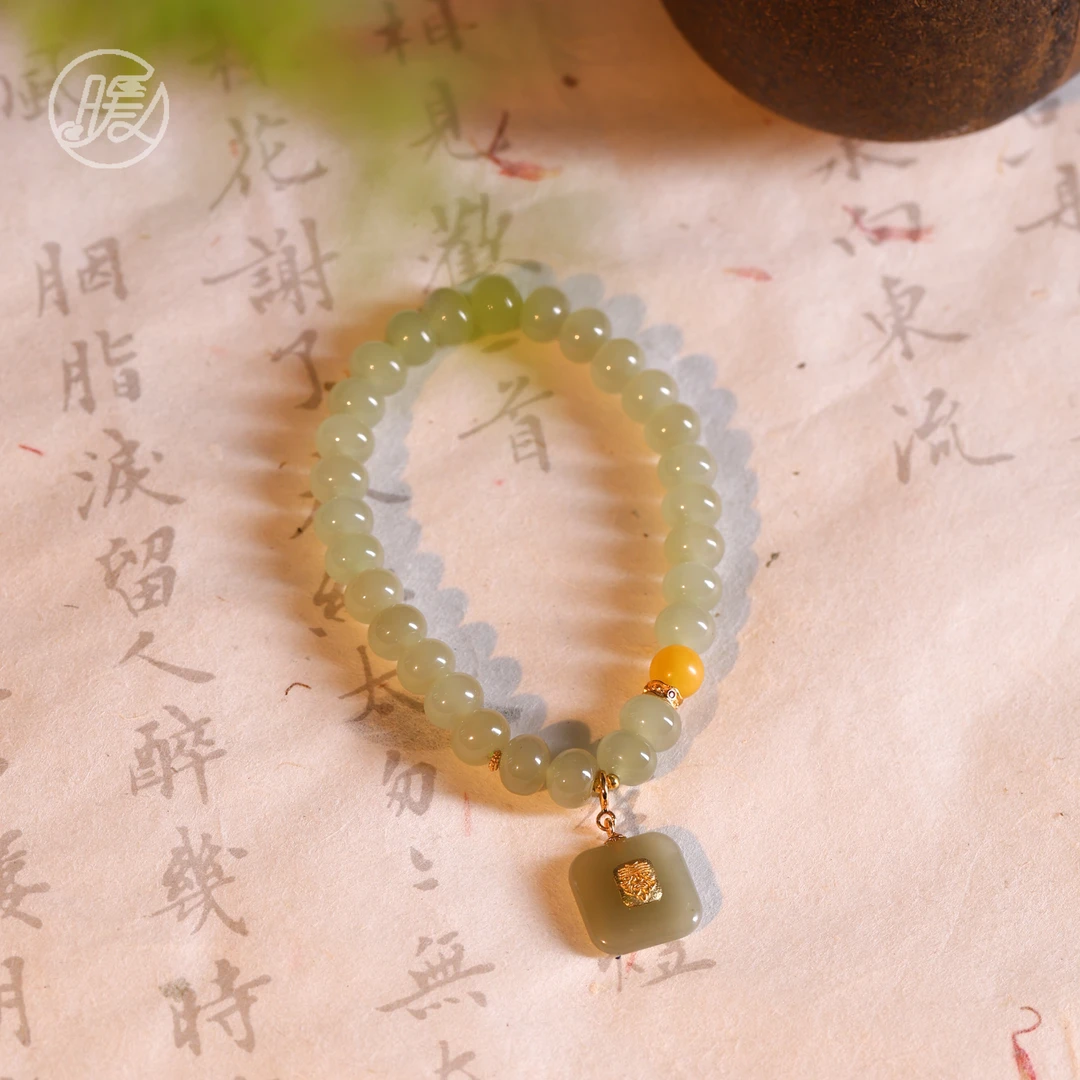 单圈算盘珠和田玉手串搭配方形吊坠手链A6763多样性发一
