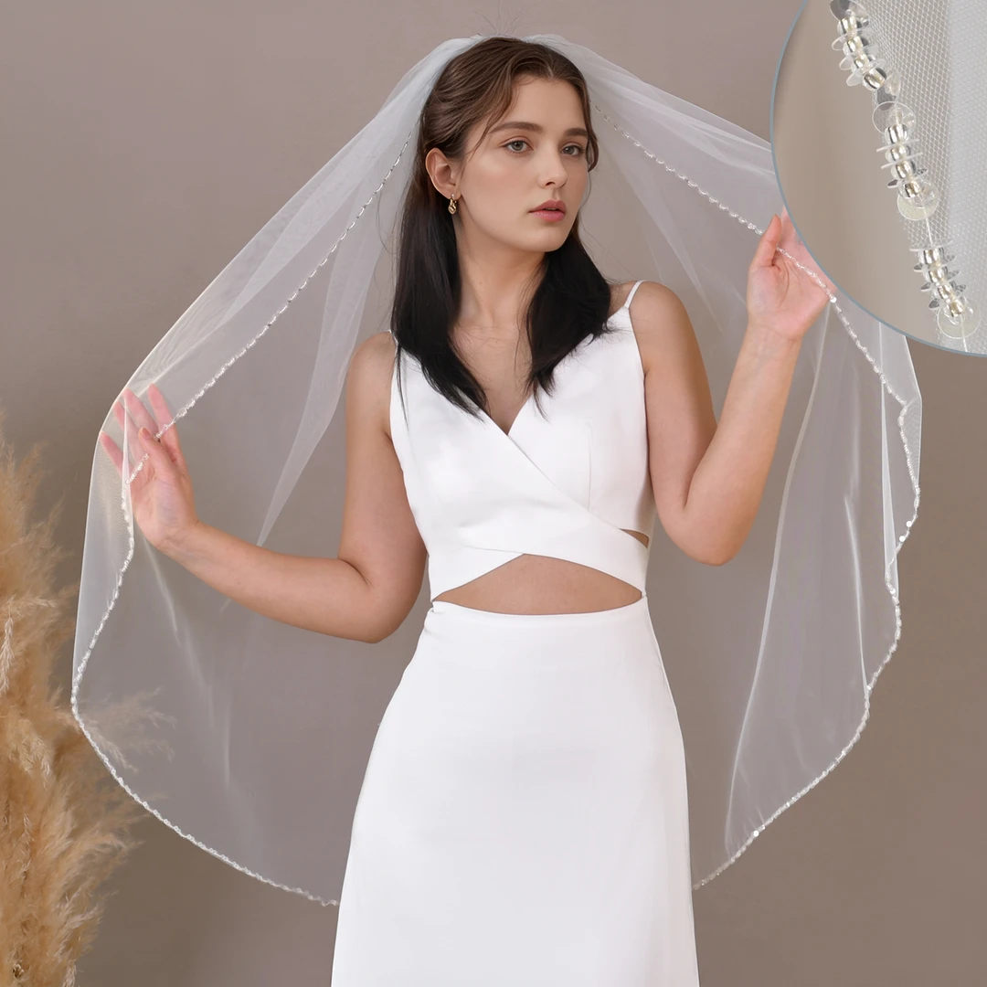 重工纯手工串珠新娘短头纱单层气质简约结婚头纱236