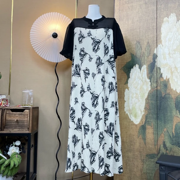 新款米白水墨黑玫瑰花新中式款舒适连衣裙