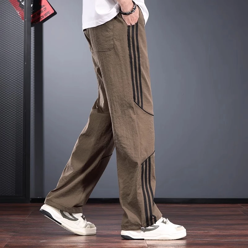 宽松直筒休闲裤男夏季薄款三条杠竖条纹肌理感运动卫裤ins速干裤