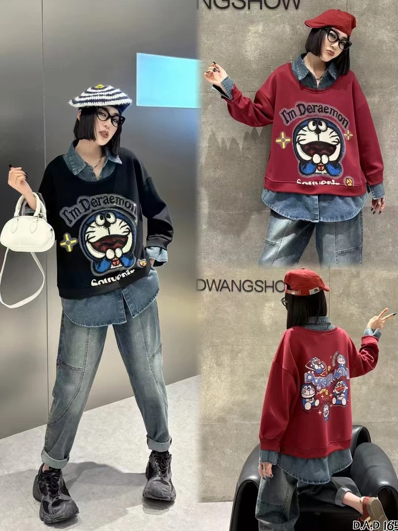 （小娜家）新款休闲卡通减龄牛仔领假两件卫衣女