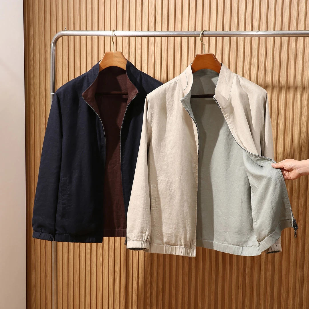 combo/康博秋季新款100法国雨露亚麻双面穿原色立领老钱夹克外套