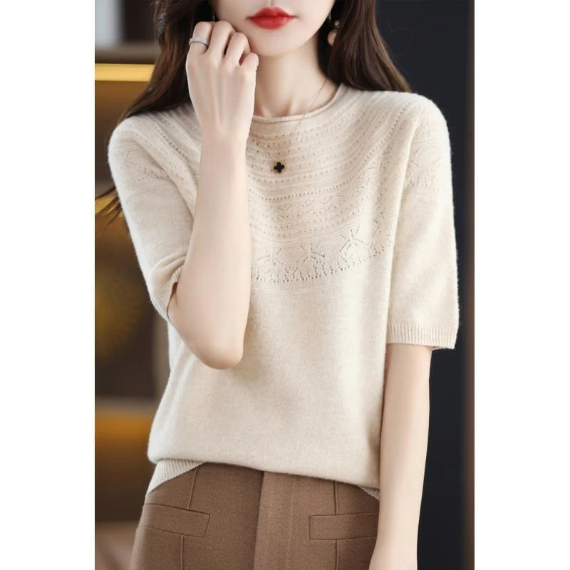 【100%纯澳毛】一线成衣镂空圆领卷边半袖D006