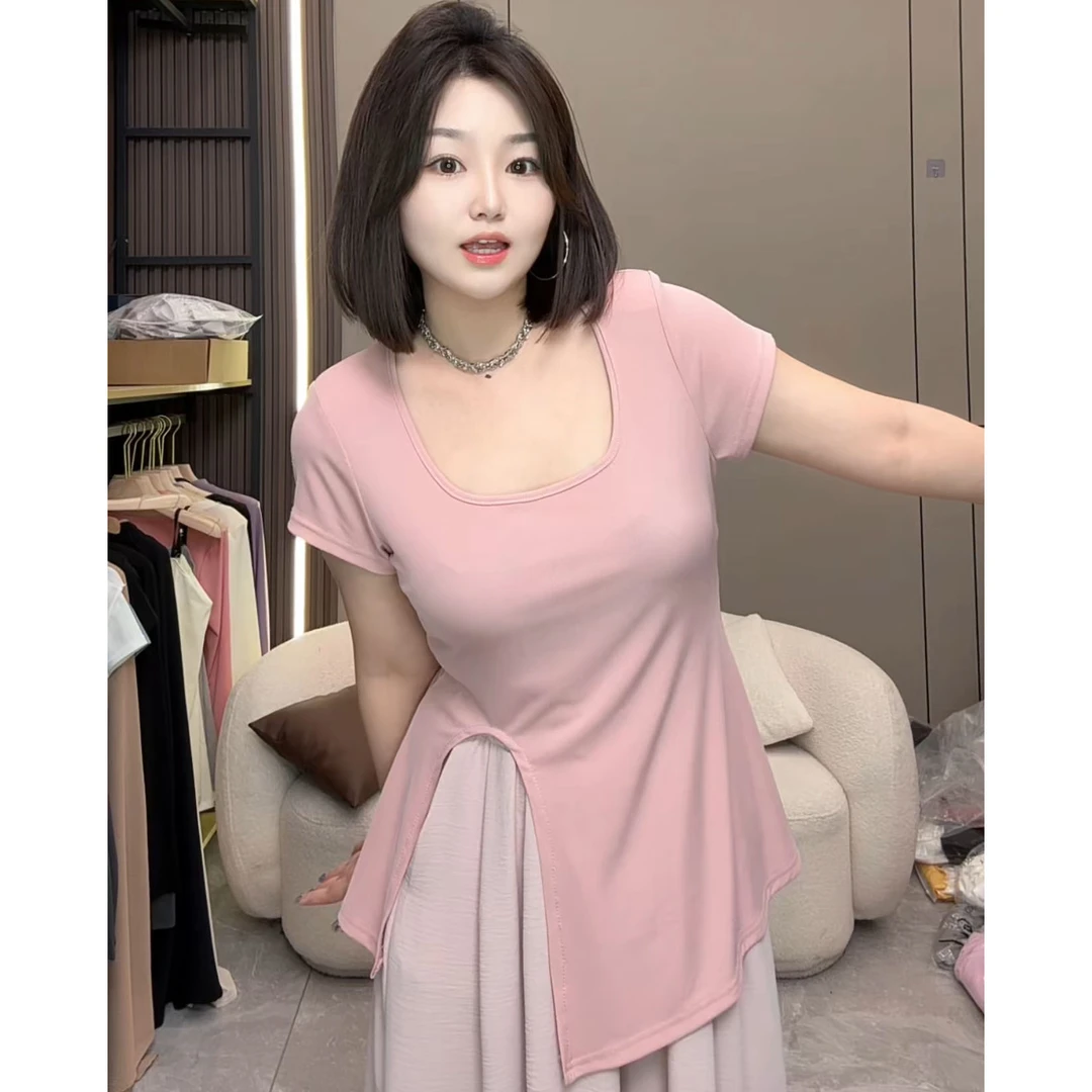 慧雯儿家自制款夏季U领正肩短袖T恤打底衫上衣女