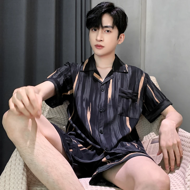 男士夏季冰丝睡衣短袖短裤薄款男士男生夏天青少年家居服大尺码