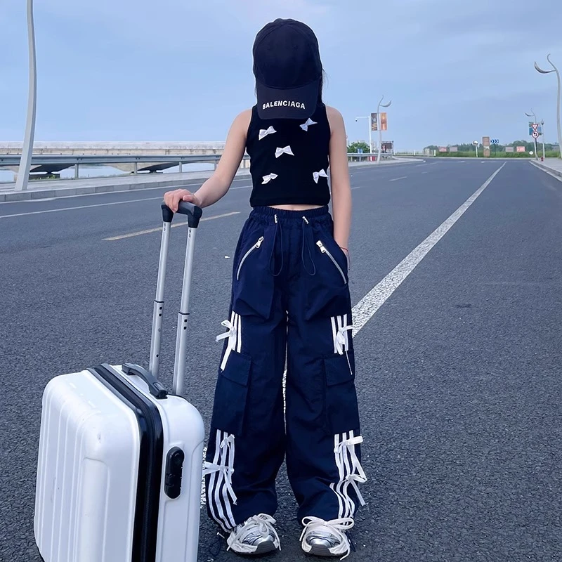 女童藏蓝色工装裤2025新款夏季中大童美式街头宽松休闲伞兵裤套装