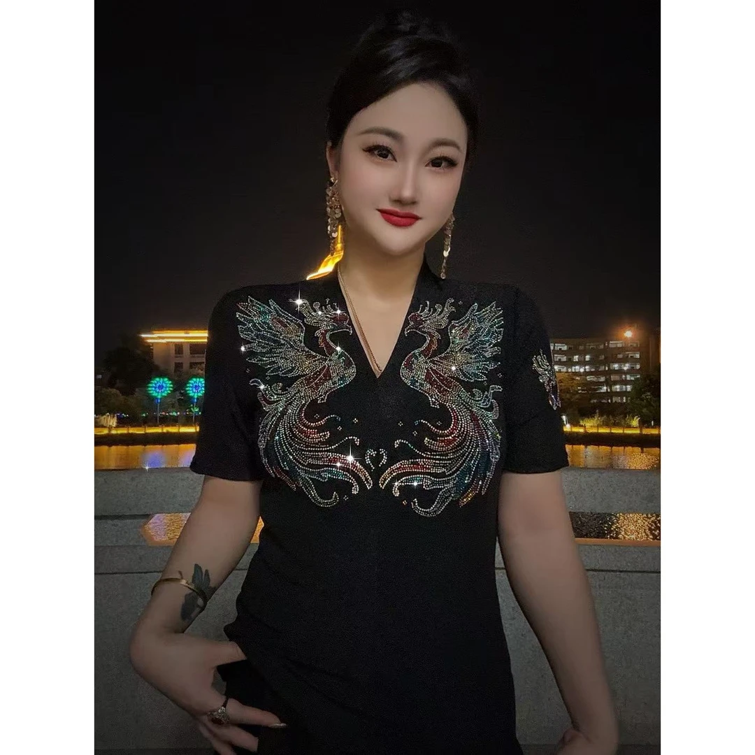 【网红爆款V领21#】夏季新款短袖T烫钻欧货显瘦百搭上衣休闲打底衫