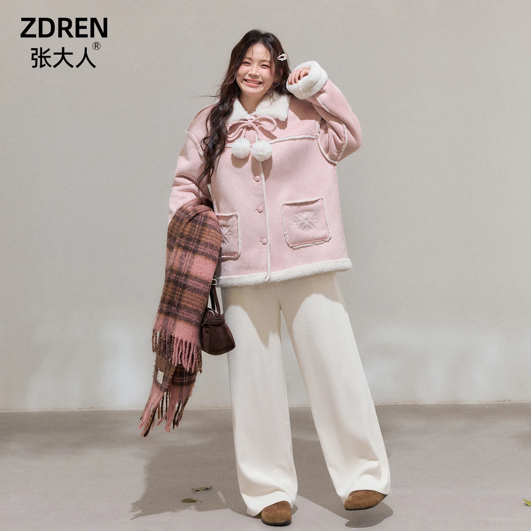 张大人【5折清仓现货秒发】大码女装微胖妹妹樱花粉毛绒蝴蝶结外套