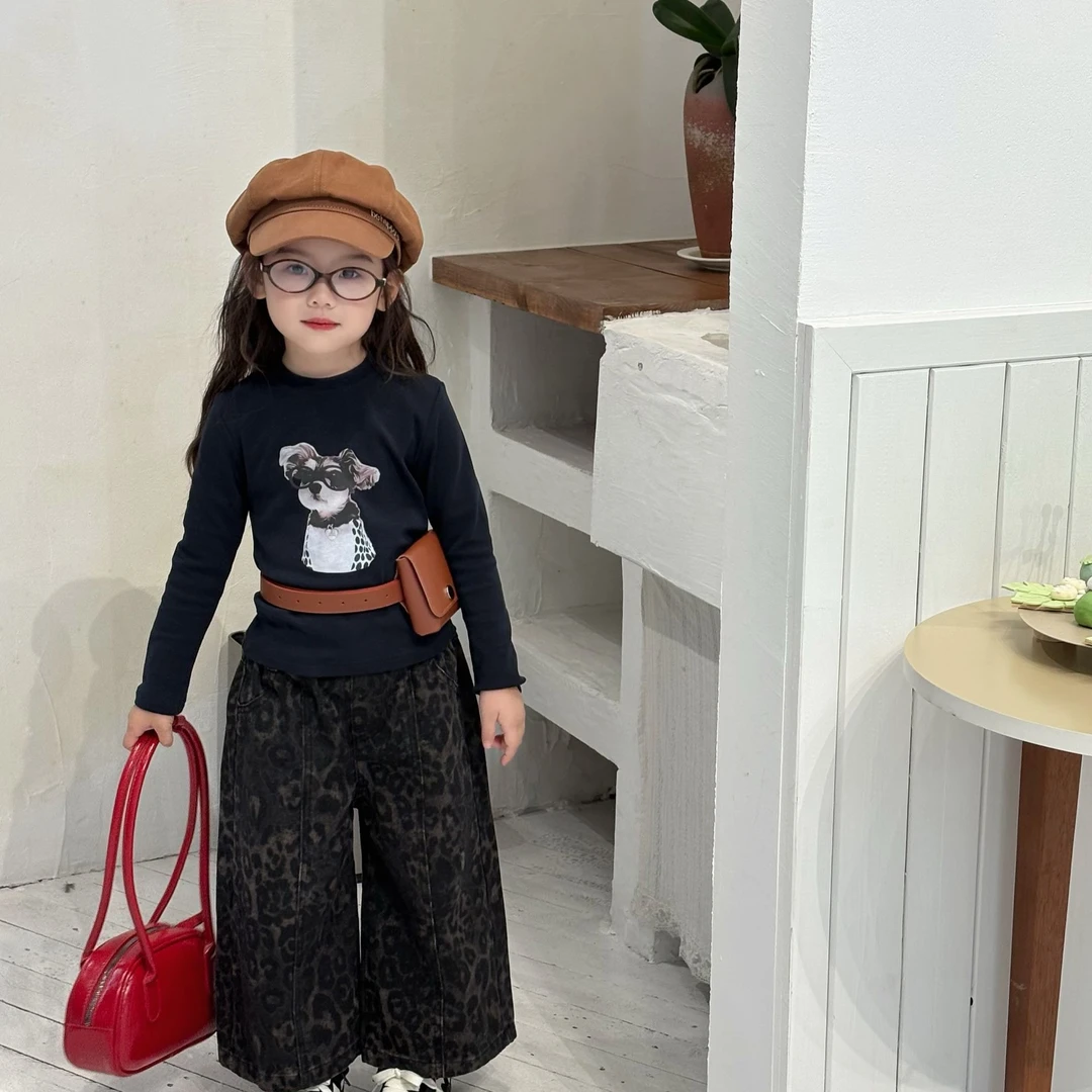 女童秋季新款印花长袖豹纹裤韩版卡通风套装