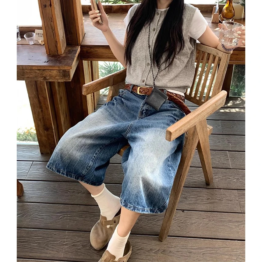 2025夏季新款复古做旧闪电设计感牛仔短裤女宽松阔腿七分裤潮