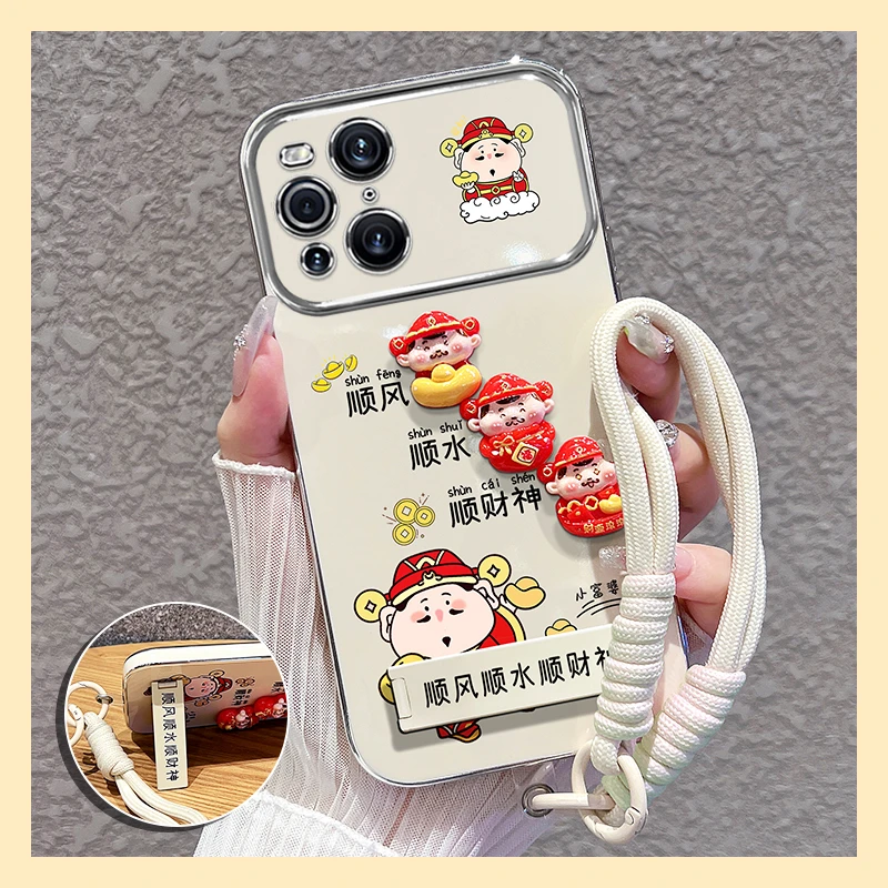 适用【oppofindx3/pro】手机壳财神公仔电镀大视窗支架硅胶卡通女款