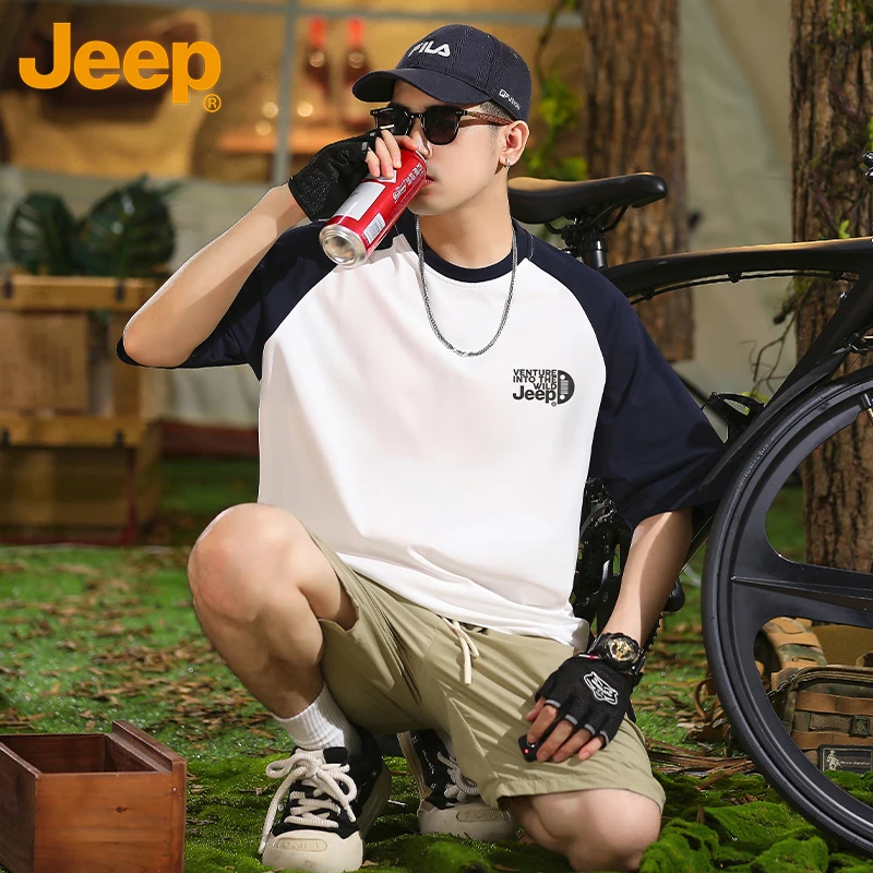 JEEP/吉普短袖T恤男士奢侈品牌纯棉插肩体恤夏季拼接网红款上衣